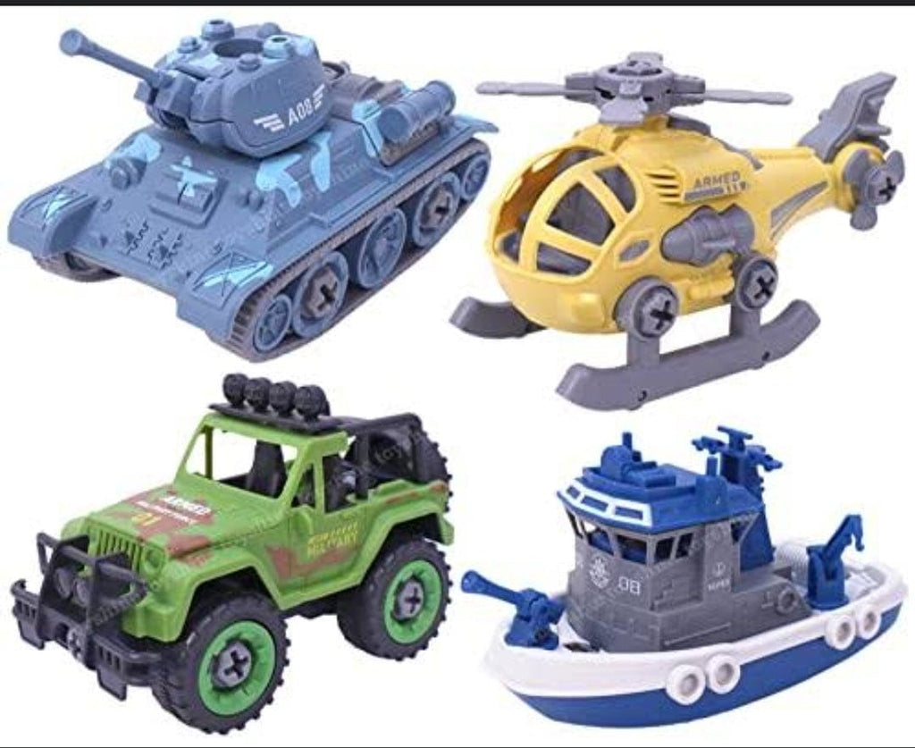 Assemble disassemble DIY vehicles including Including Helicopter,Jeep,Tank and Boat Cars and Car Tracks KidosPark