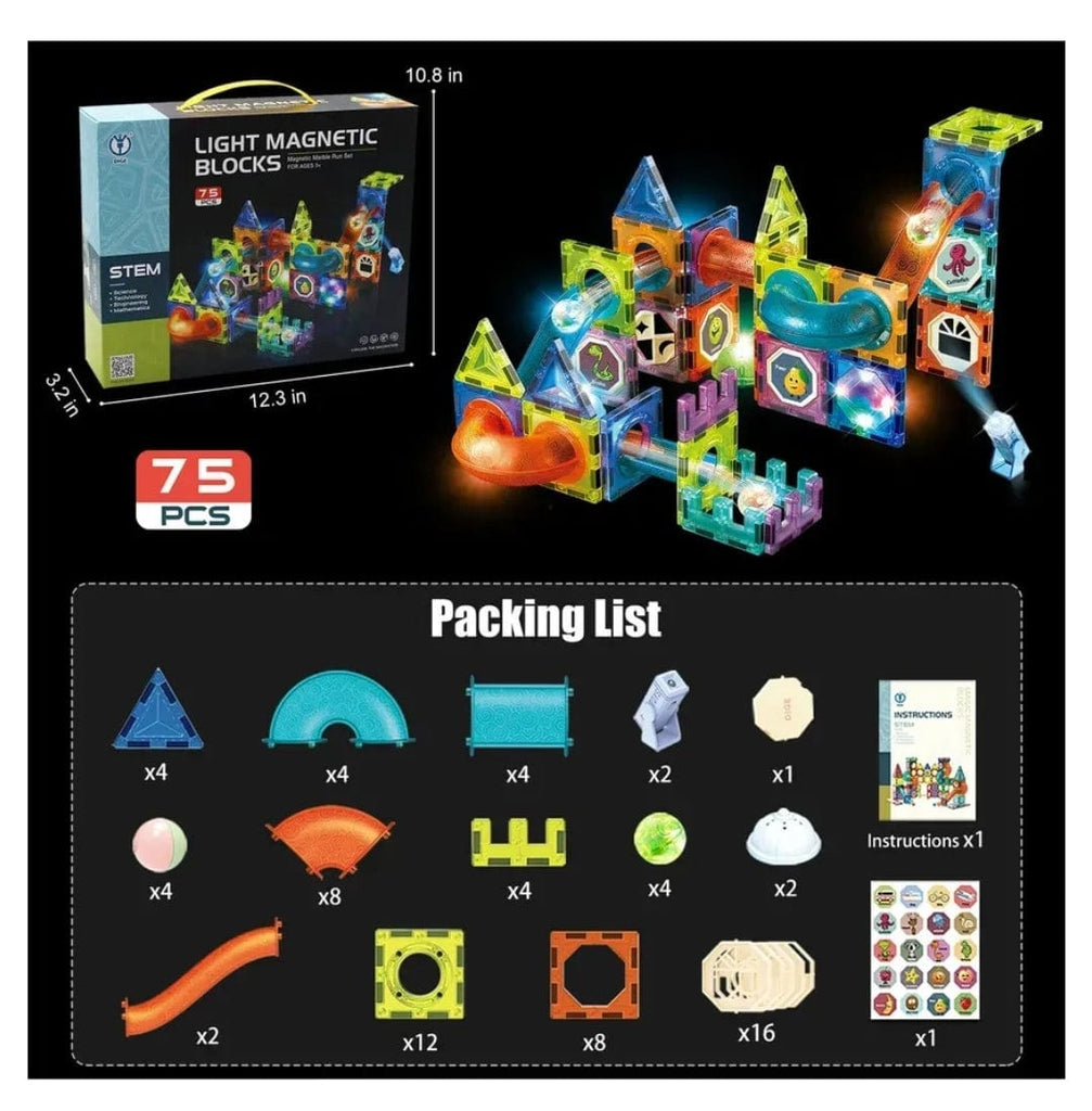 Glow in The Dark Magnetic Tiles Set - 75 Piece Marble Run Building Blocks blocks KidosPark