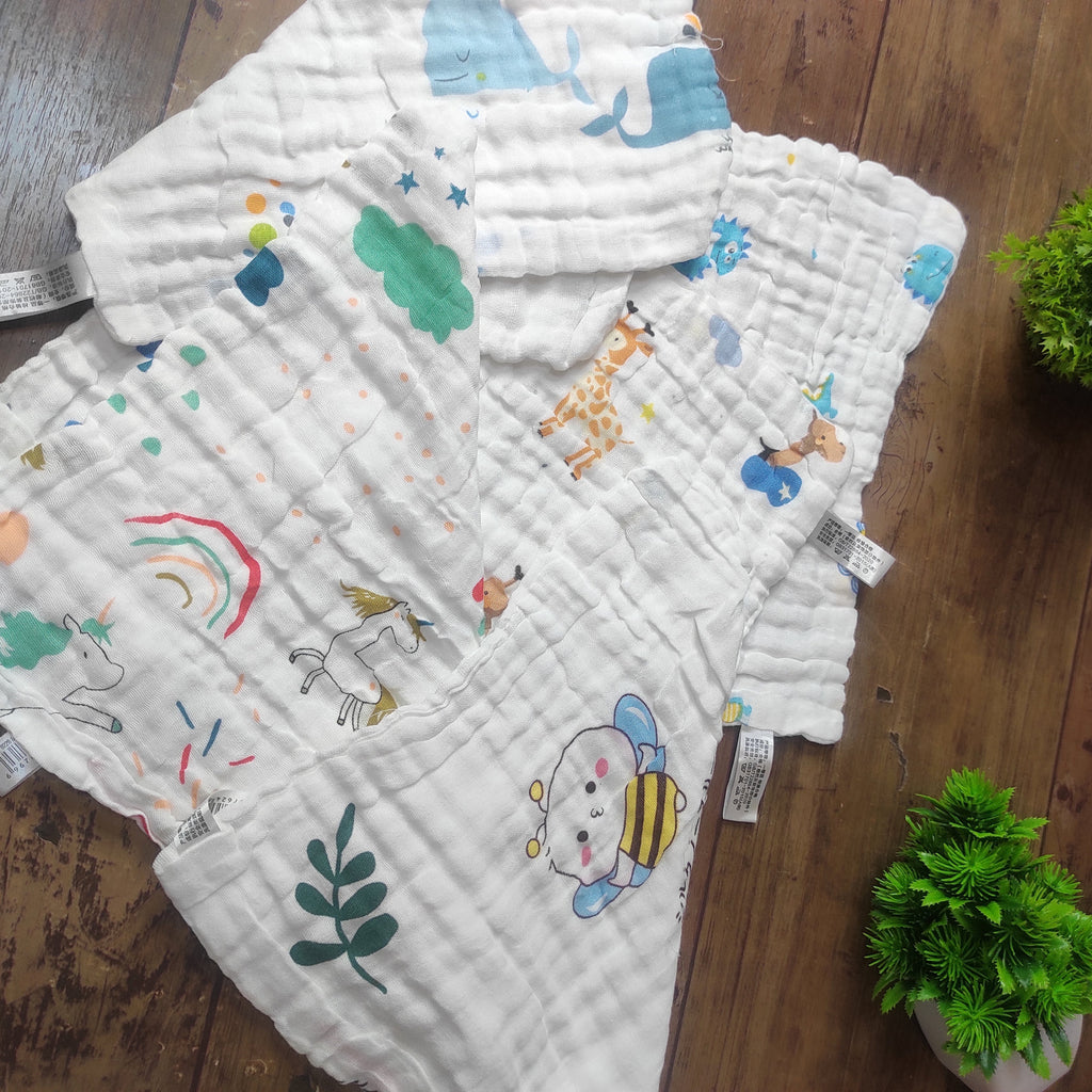 Premium Cotton Baby Washcloths: Soft, Absorbent, Reusable, Random Print - Pack of 4 Kidospark