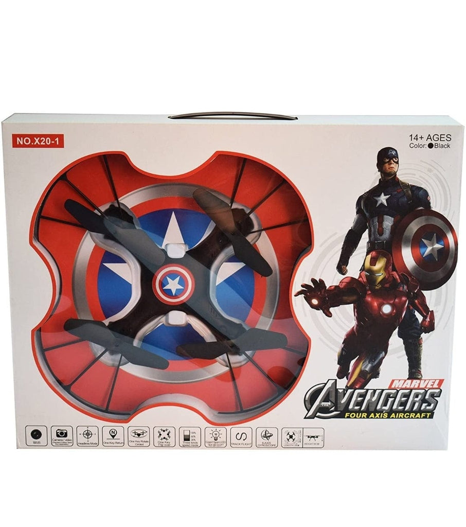 Superhero styled Quadocopter intelligent control drone with blade guard, Headless mode and LED spinner. Flying Toys KidosPark